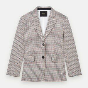 New Maje Viva Cotton Blend Houndstooth Blazer Ecru Teal Brown 42, XL $495
